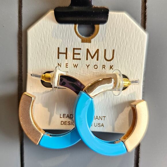 Hoop Earrings Blue, Gold Tone Chunky Acrylic 1.19" HEMU New York w/ Gift Bag - Picture 8 of 8